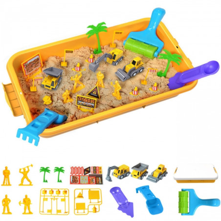 WOOPIE kinetinis smėlis 1.5 kg XXL rinkinys statybvietės stalas su formomis ir transporto priemonėmis WOOPIE kinetinis smėlis 1.5 kg XXL rinkinys statybvietės stalas su formomis ir transporto priemonėmis