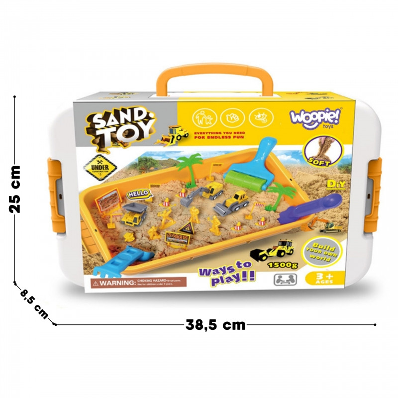 WOOPIE kinetinis smėlis 1.5 kg XXL rinkinys statybvietės stalas su formomis ir transporto priemonėmis