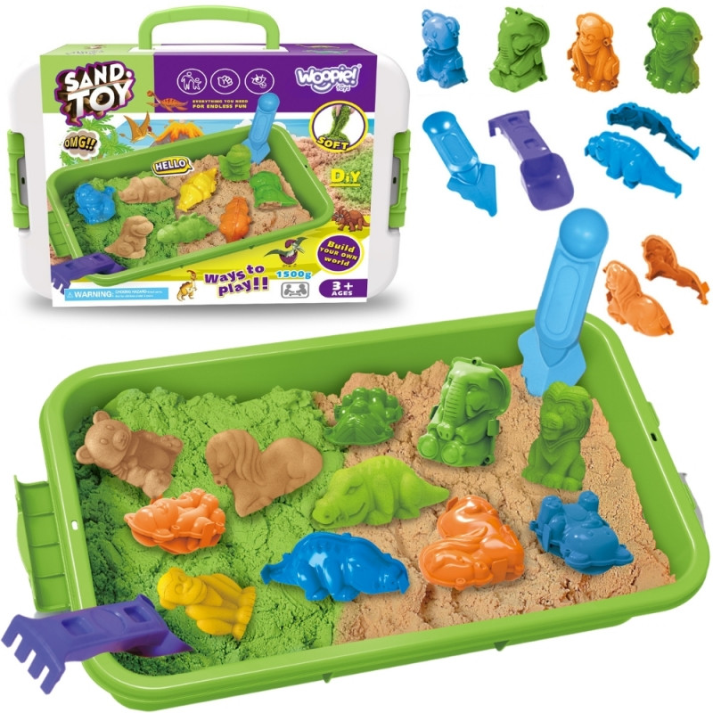 WOOPIE Kinetic Sand 1,5 kg rinkinys XXL ZOO Safari stalas su formelėmis