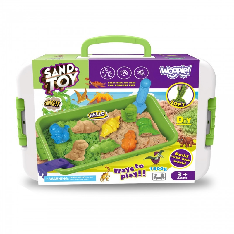 WOOPIE Kinetic Sand 1,5 kg rinkinys XXL ZOO Safari stalas su formelėmis