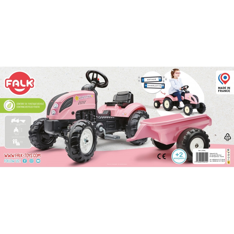 FALK traktorius Country Star Pink su pedalais + priekaba ir garso signalu nuo 2 metų.