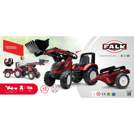 FALK Valtra bordo pedalinis traktorius su priekaba ir kaušu nuo 3 metų FALK Valtra bordo pedalinis traktorius su priekaba ir kaušu nuo 3 metų
