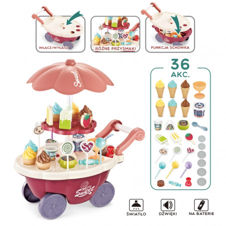 WOOPIE Sklep Food Truck Cukiernia Wózek Stoisko z Lodami Słodyczami Dźwięk Światło + 36 Akc WOOPIE Sklep Food Truck Cukiernia Wózek Stoisko z Lodami Słodyczami Dźwięk Światło + 36 Akc
