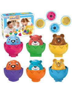 WOOPIE Puzzle Montessori Sorter Match Shapes Linksmi Gyvūnai Kiaušiniai 6vnt