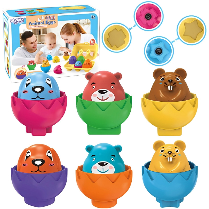 WOOPIE Puzzle Montessori Sorter Match Shapes Linksmi Gyvūnai Kiaušiniai 6vnt