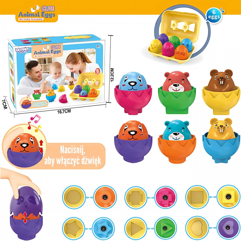 WOOPIE Puzzle Montessori Sorter Match Shapes Linksmi Gyvūnai Kiaušiniai 6vnt