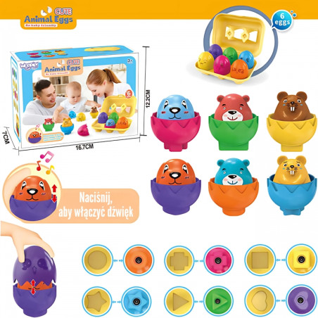 WOOPIE Puzzle Montessori Sorter Match Shapes Linksmi Gyvūnai Kiaušiniai 6vnt WOOPIE Puzzle Montessori Sorter Match Shapes Linksmi Gyvūnai Kiaušiniai 6vnt