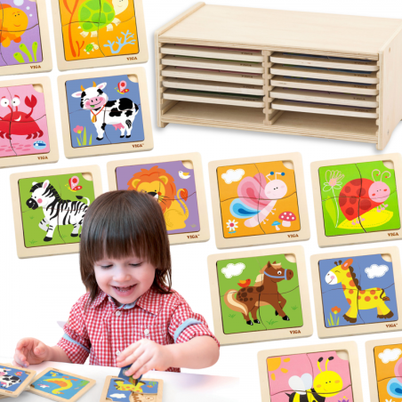 VIGA Wooden Puzzle 12 досок, по 4 пазла на каждой, на подставке