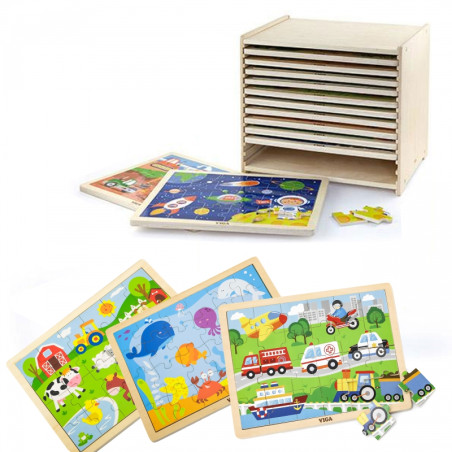 Viga medinių dėlionių rinkinys 12 dėlionių po 24 vnt. ant stovo