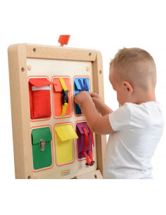 MASTERKIDZ medinė sienų manipuliavimo lenta Flex spalvingos kišenės sagtys ir velcro 2