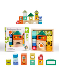 CLASSIC WORLD Mediniai sensoriniai blokai 7 funkcijos Daugiafunkcinės dėlionės formos Garsas MONTESSORI 14 vnt.