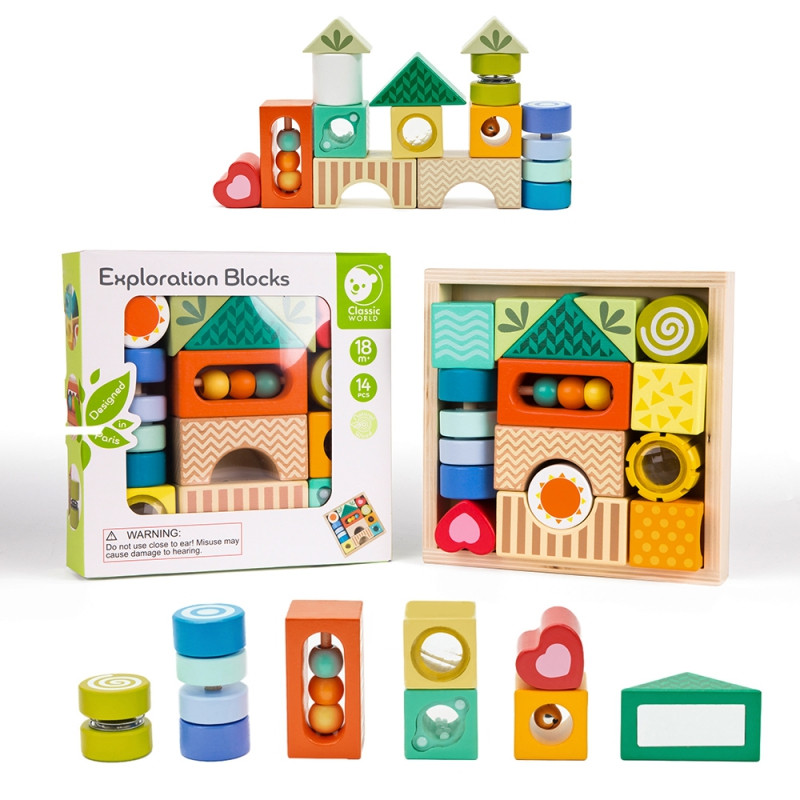 CLASSIC WORLD Mediniai sensoriniai blokai 7 funkcijos Daugiafunkcinės dėlionės formos Garsas MONTESSORI 14 vnt.