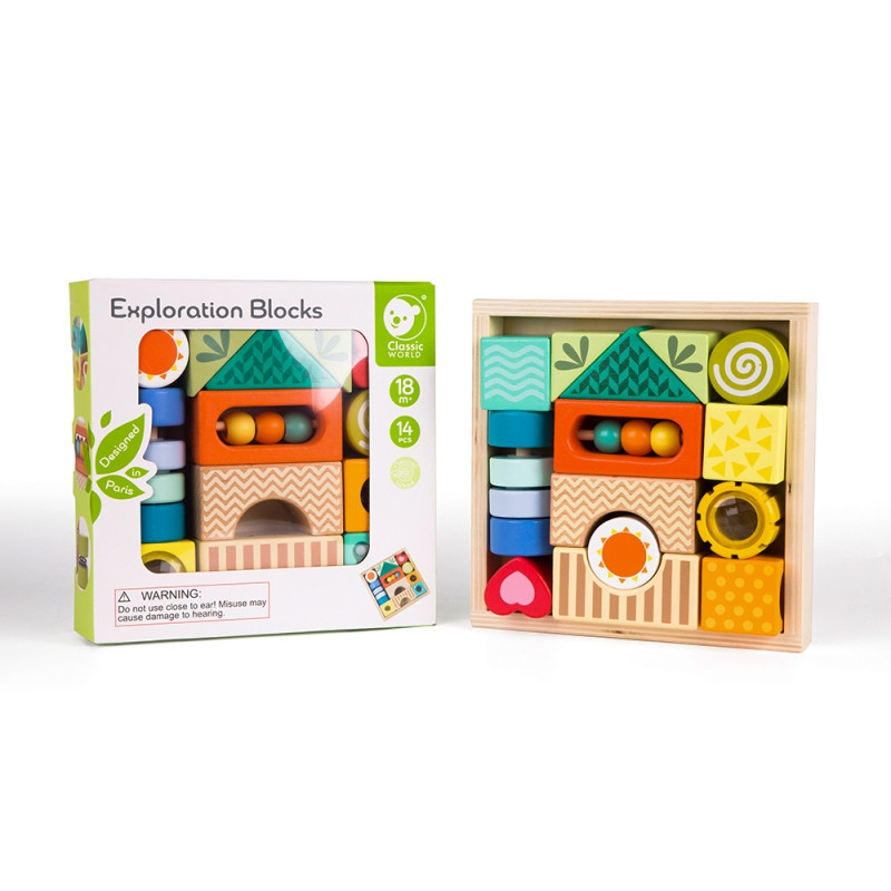 CLASSIC WORLD Деревянные сенсорные блоки 7 функций Многофункциональные головоломки Формы Звук MONTESSORI 14 шт.