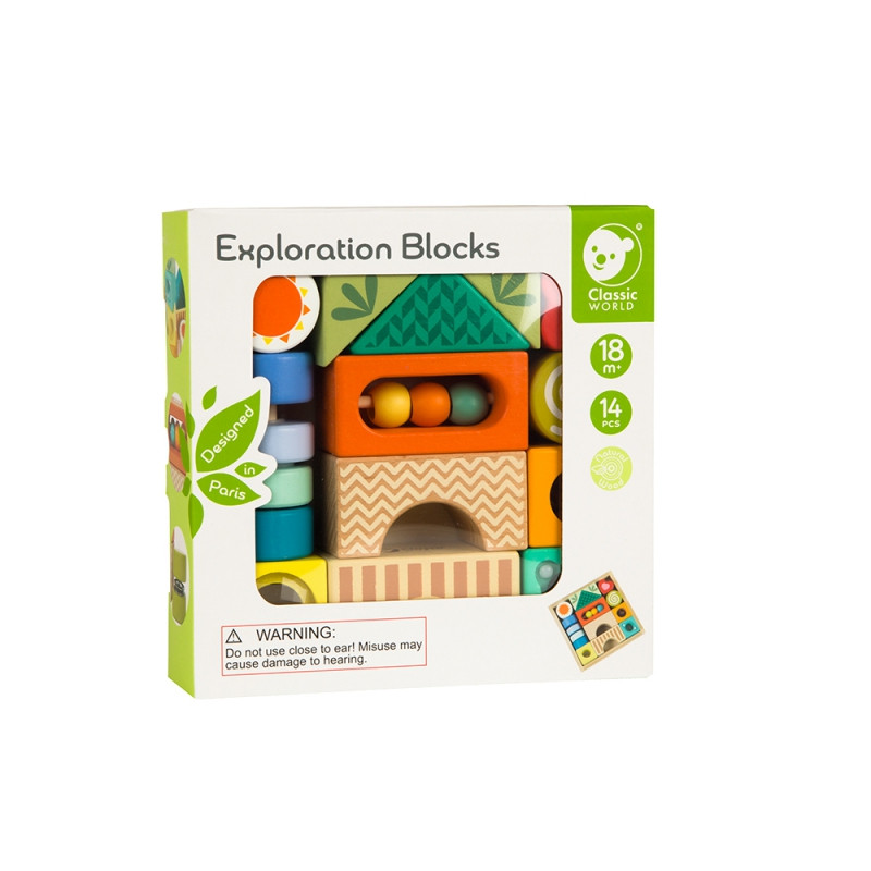 CLASSIC WORLD Mediniai sensoriniai blokai 7 funkcijos Daugiafunkcinės dėlionės formos Garsas MONTESSORI 14 vnt.