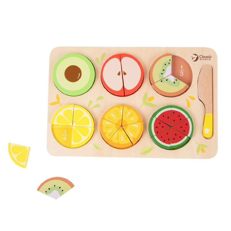 CLASSIC WORLD Wooden Fruits for Cutting with Velcro + Learning Fractions and Division MONTESSORI 23 pcs.