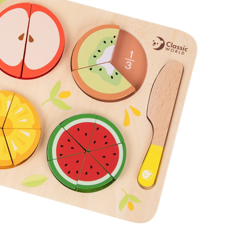 CLASSIC WORLD Wooden Fruits for Cutting with Velcro + Learning Fractions and Division MONTESSORI 23 pcs.