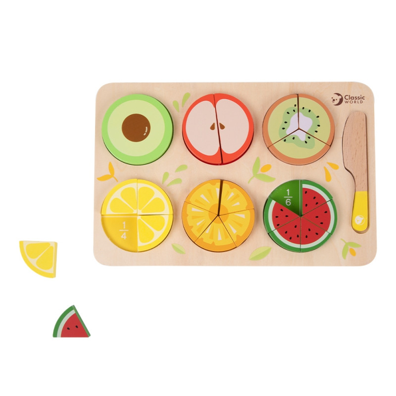 CLASSIC WORLD Wooden Fruits for Cutting with Velcro + Learning Fractions and Division MONTESSORI 23 pcs.