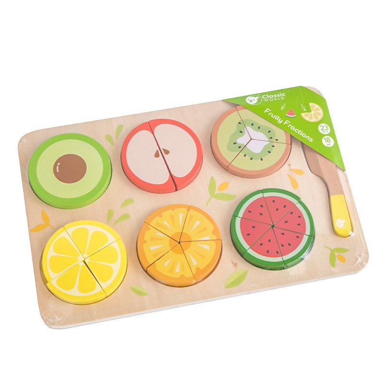 CLASSIC WORLD Wooden Fruits for Cutting with Velcro + Learning Fractions and Division MONTESSORI 23 pcs.