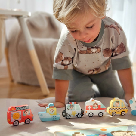 TOOKY TOY Medinis Montessori dėlionė transporto priemonės automobiliai lėktuvas laivas miestas rungtynės formos