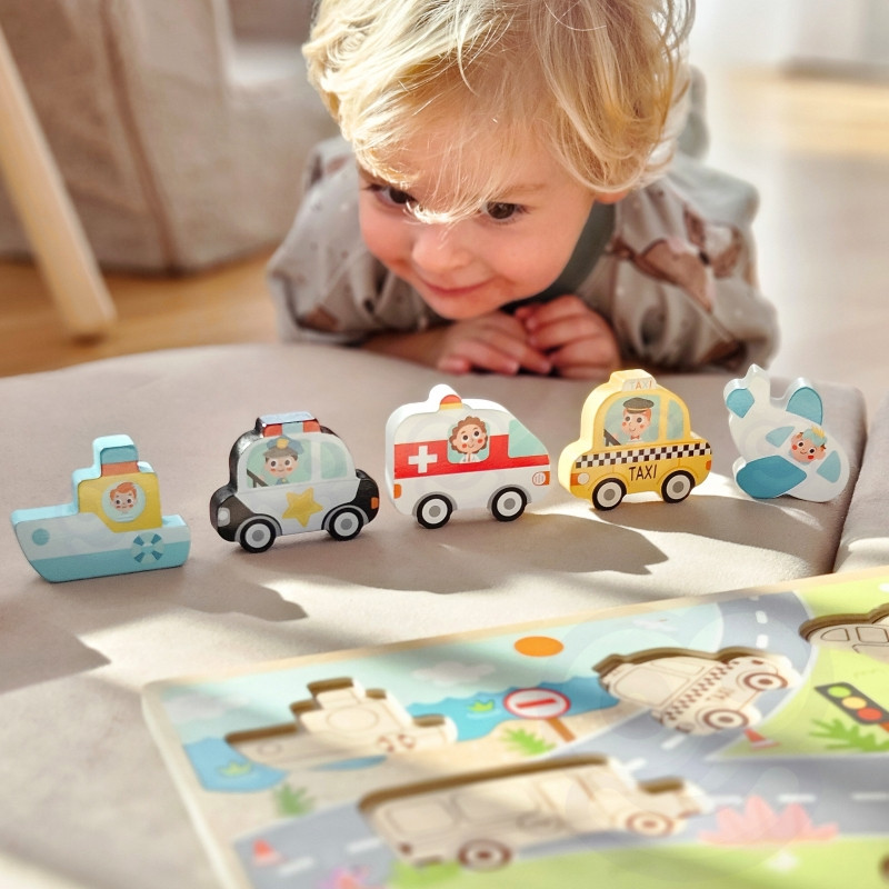 TOOKY TOY Medinis Montessori dėlionė transporto priemonės automobiliai lėktuvas laivas miestas rungtynės formos