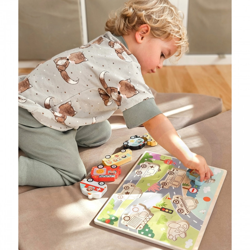 TOOKY TOY Medinis Montessori dėlionė transporto priemonės automobiliai lėktuvas laivas miestas rungtynės formos