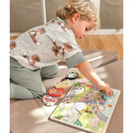 TOOKY TOY Drewniane Puzzle Montessori Pojazdy Samochody Samolot Statek Miasto Dopasuj Kształty