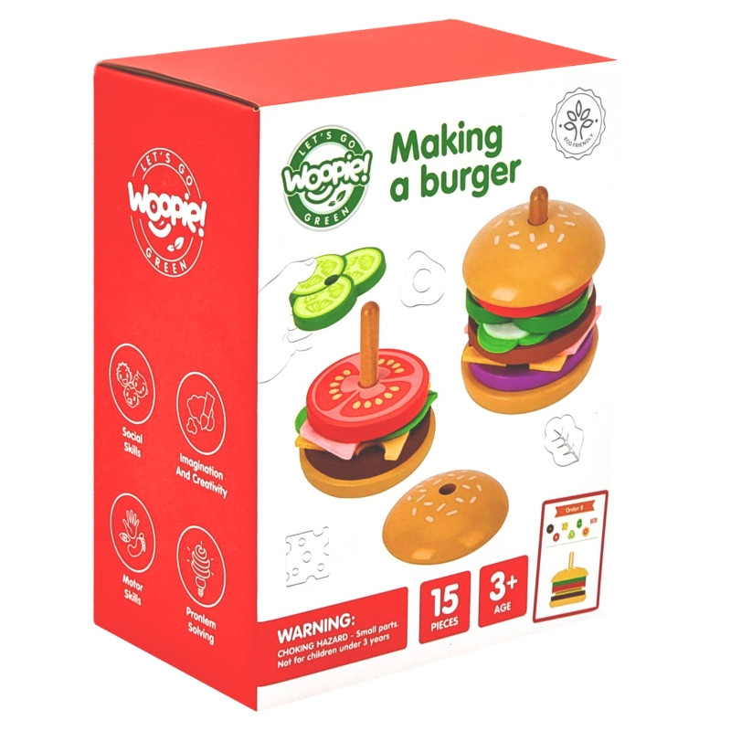 Деревянный пазл "Ресторан бургеров" WOOPIE GREEN для детей, 15 деталей, сертифицирован FSC