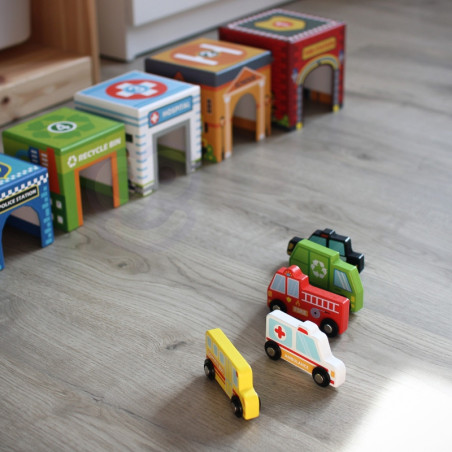 WOOPIE GREEN dėlionės miesto transporto priemonės dėžutėse + paveikslai 10 vnt.