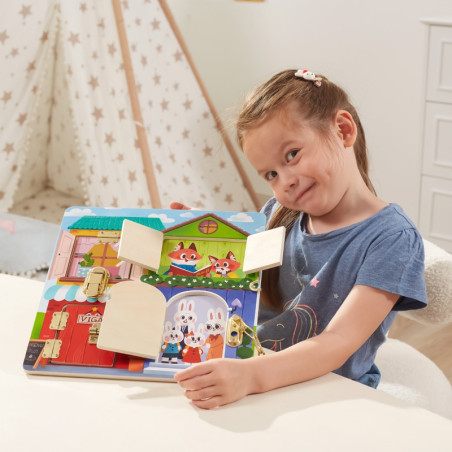 VIGA medinės manipuliavimo lentos atidarymo spynos ir skląsčiai Montessori namas