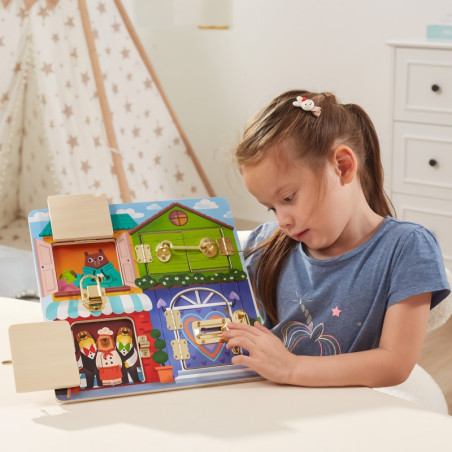 VIGA medinės manipuliavimo lentos atidarymo spynos ir skląsčiai Montessori namas