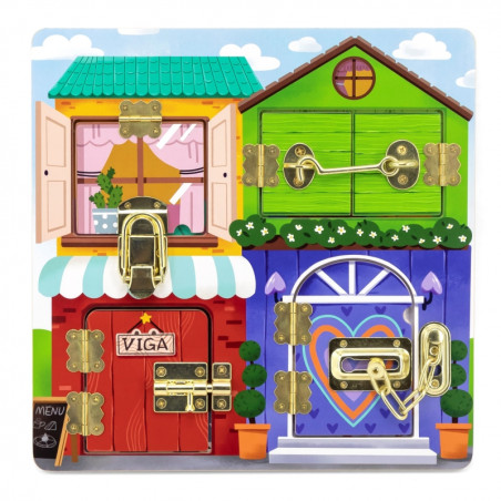 VIGA medinės manipuliavimo lentos atidarymo spynos ir skląsčiai Montessori namas