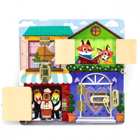 VIGA medinės manipuliavimo lentos atidarymo spynos ir skląsčiai Montessori namas