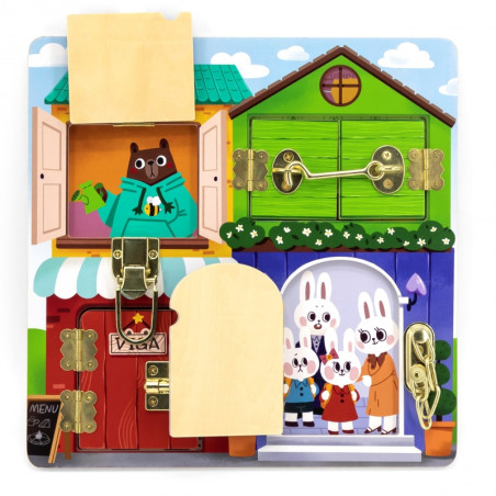 VIGA medinės manipuliavimo lentos atidarymo spynos ir skląsčiai Montessori namas