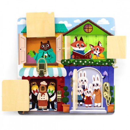 VIGA medinės manipuliavimo lentos atidarymo spynos ir skląsčiai Montessori namas