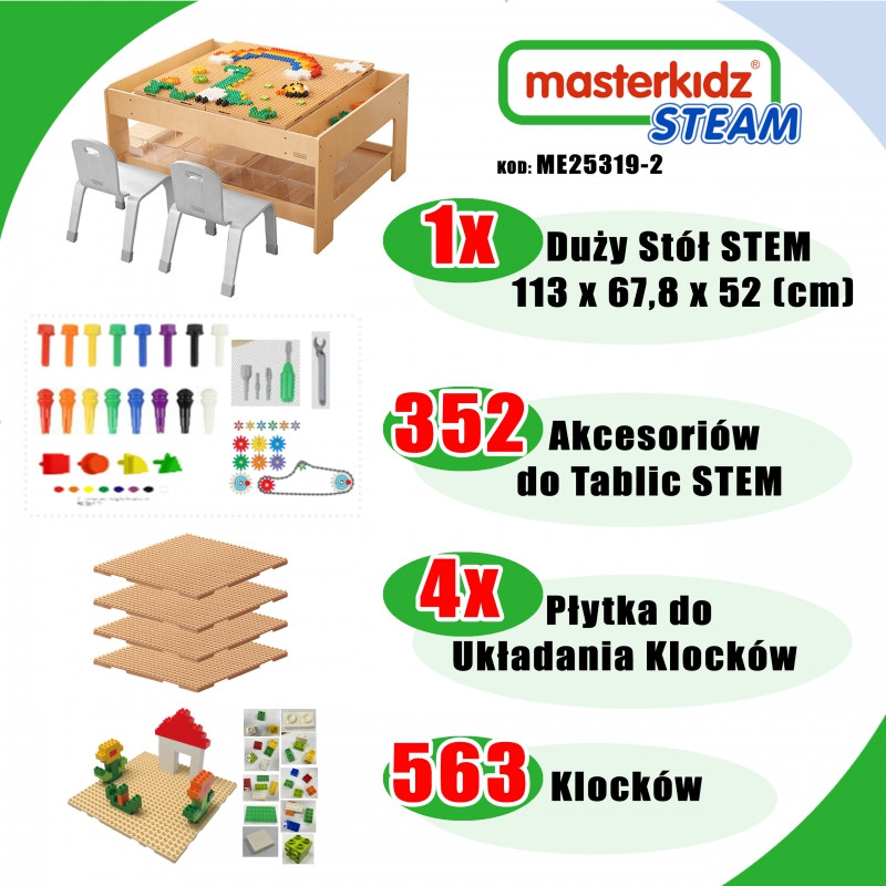 MASTERKIDZ medinis mokomasis stalas + STIEBO SIENŲ PRIEDAI + 563 kaladėlės