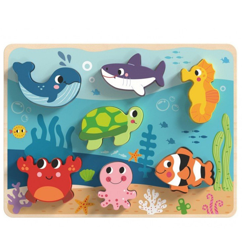 TOOKY TOY medinė Montessori dėlionė jūros pasaulio žuvų vėžlių formos