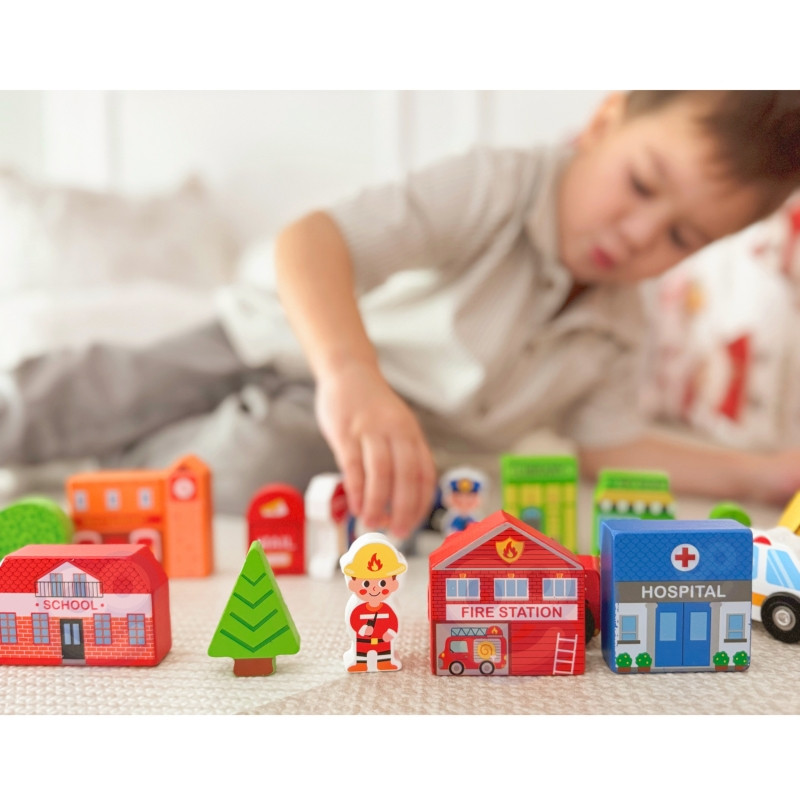 TOOKY TOY medinių miesto pastatų ir figūrėlių rinkinys