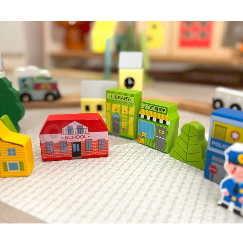 TOOKY TOY medinių miesto pastatų ir figūrėlių rinkinys