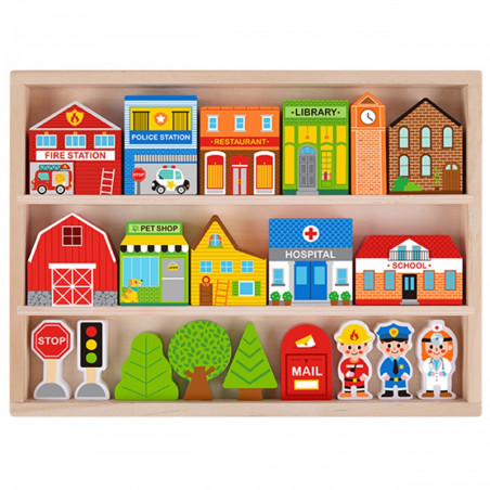 TOOKY TOY medinių miesto pastatų ir figūrėlių rinkinys TOOKY TOY medinių miesto pastatų ir figūrėlių rinkinys