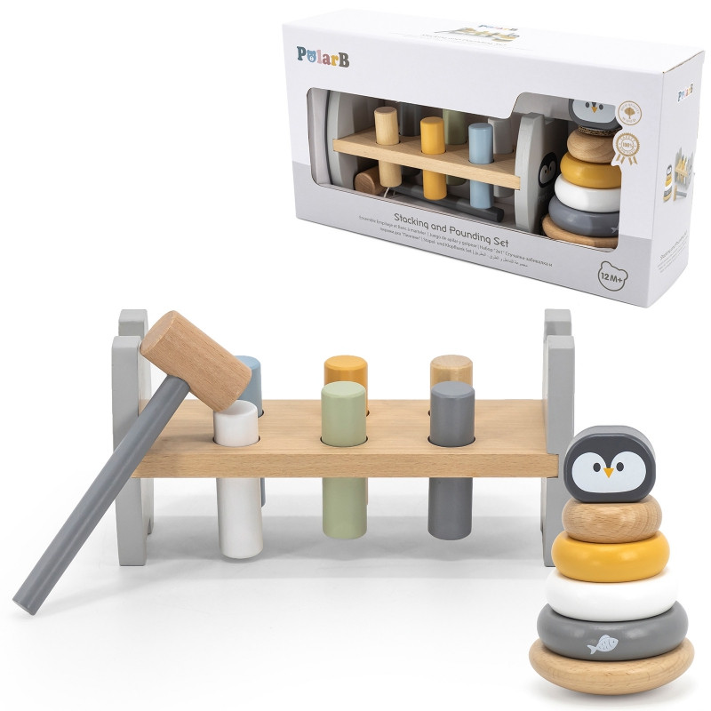 VIGA PolarB rinkinys medinė piramidė + perforatorius su plaktuku Montessori pingvinas