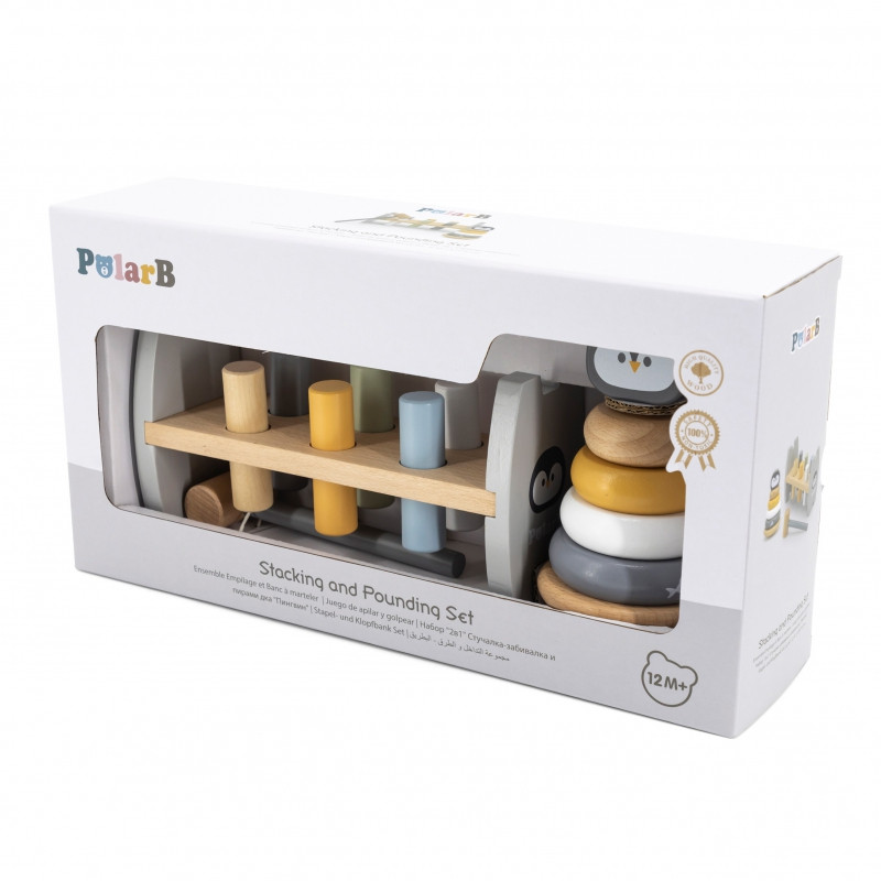 VIGA PolarB rinkinys medinė piramidė + perforatorius su plaktuku Montessori pingvinas