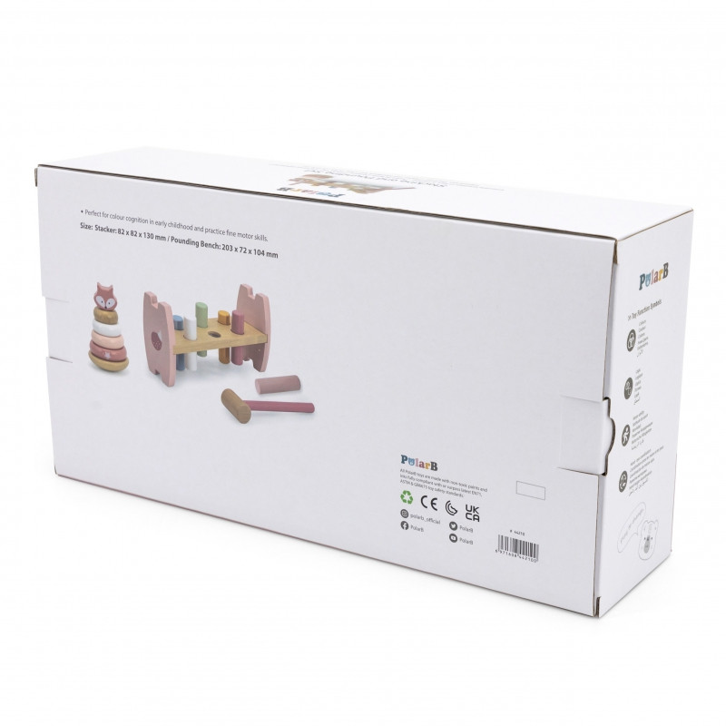 VIGA PolarB Zestaw Drewniana Piramidka + Przebijanka z Młoteczkiem Lisek Montessori