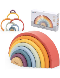 VIGA PolarB mediniai vaivorykštės dėlionės blokai Creative Montessori