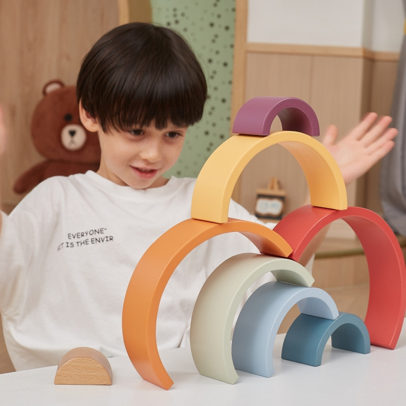 VIGA PolarB mediniai vaivorykštės dėlionės blokai Creative Montessori