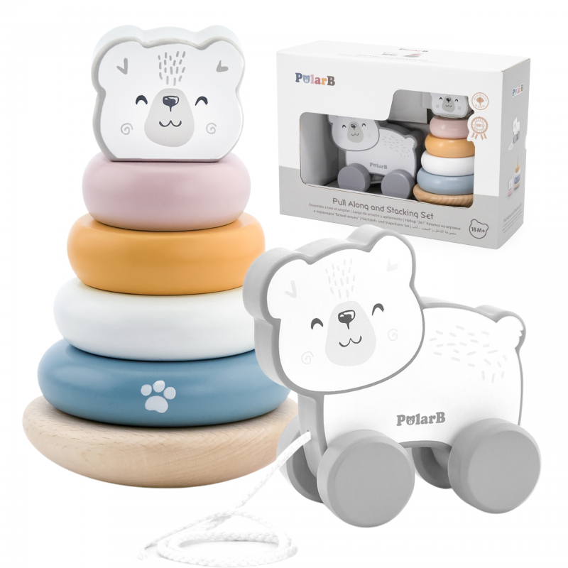 VIGA PolarB Baltojo lokio medinė piramidė + Traukimo baltojo lokio rinkinys