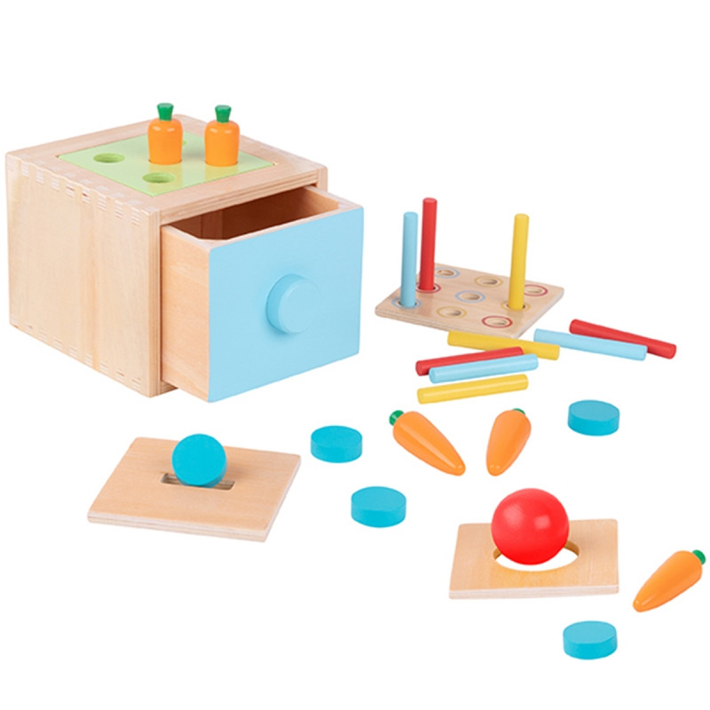 WOOPIE GREEN medinis mokomasis stalčius 4in1 Montessori rūšiavimo žaidimas morkų FSC
