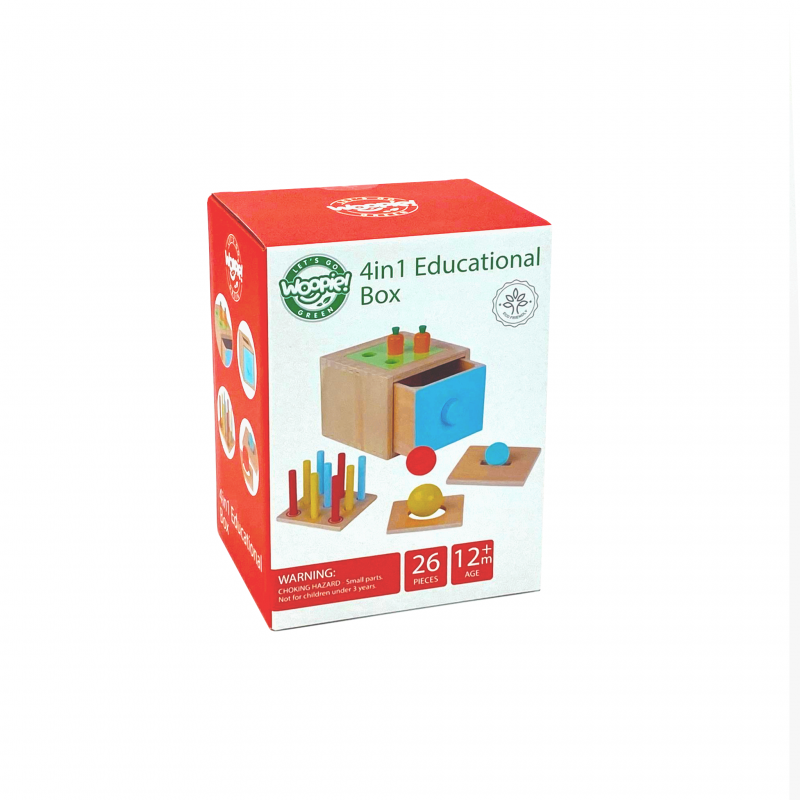 WOOPIE GREEN medinis mokomasis stalčius 4in1 Montessori rūšiavimo žaidimas morkų FSC