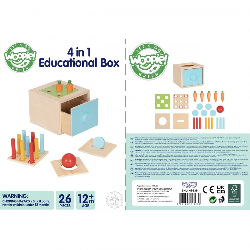 WOOPIE GREEN medinis mokomasis stalčius 4in1 Montessori rūšiavimo žaidimas morkų FSC