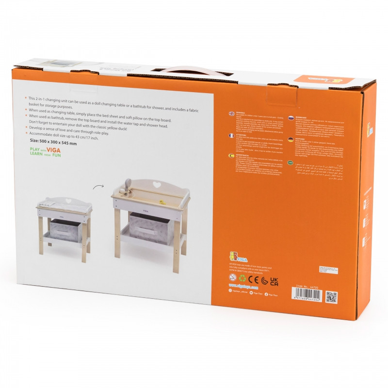 Деревянный пеленальный столик VIGA 2 в 1, ванночка для кукол