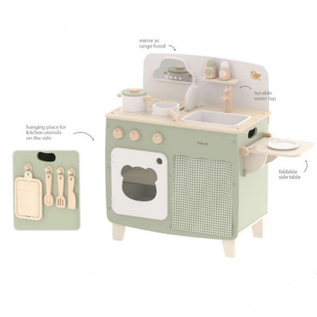 VIGA PolarB didelė medinė virtuvė su sulankstomu stalviršiu + spintelė su užuolaida